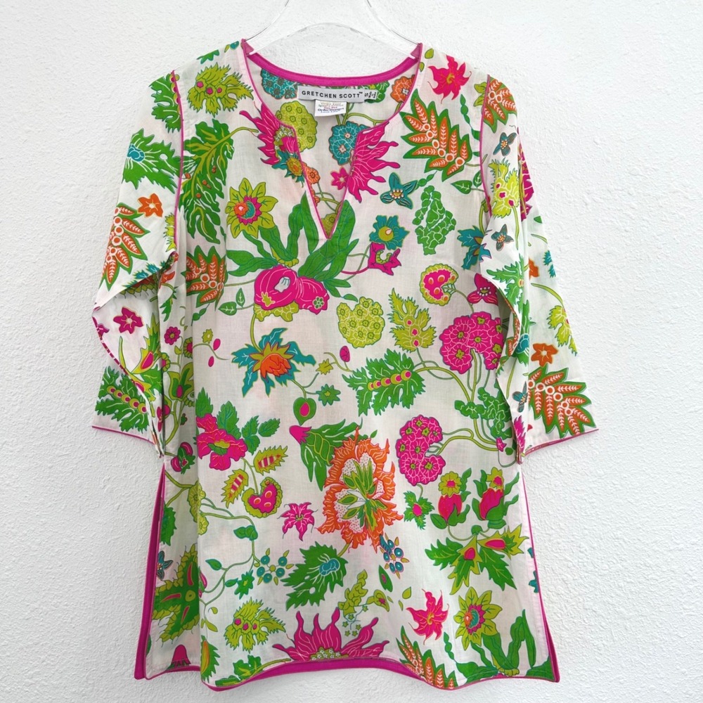 Gretchen Scott Tunic Top Womens Small Multi Floral Cotton Resort Coastal Modest